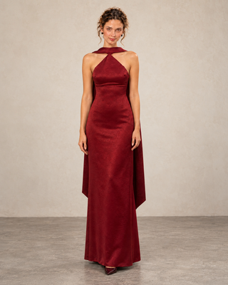 Nuit  Burgundy Shawl-Collar Bodycon  Maxi Dress