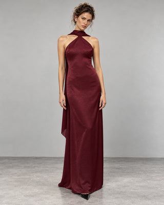 Nuit  Burgundy Shawl-Collar Bodycon  Maxi Dress