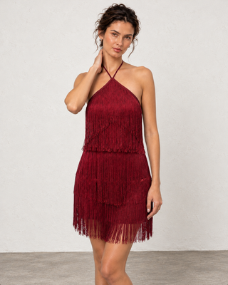 Sia Burgundy Fringed Mini Dress