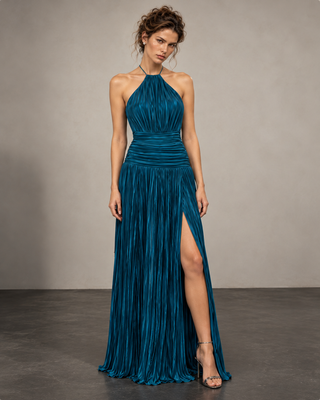 Adriana Teal Plated Maxi Dress