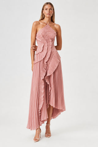 Elowen Dusty Rose Ruffle-Trim Pleated Midi Dress
