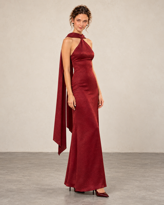 Nuit  Burgundy Shawl-Collar Bodycon  Maxi Dress