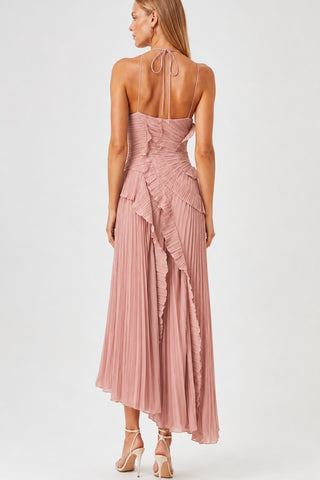 Elowen Dusty Rose Ruffle-Trim Pleated Midi Dress