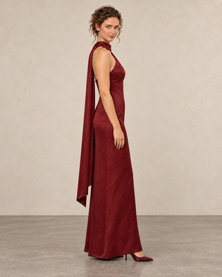 Nuit  Burgundy Shawl-Collar Bodycon  Maxi Dress