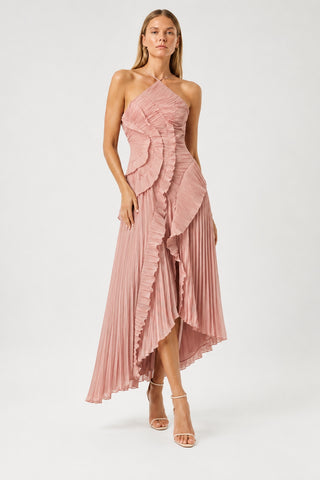 Elowen Dusty Rose Ruffle-Trim Pleated Midi Dress