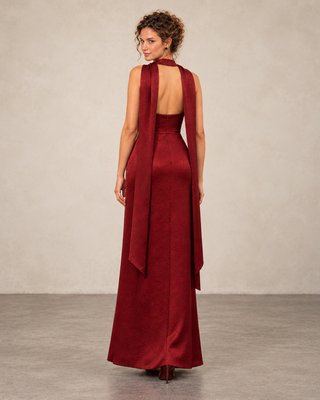 Nuit  Burgundy Shawl-Collar Bodycon  Maxi Dress