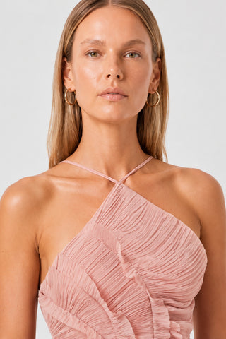 Elowen Dusty Rose Ruffle-Trim Pleated Midi Dress
