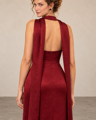 Nuit  Burgundy Shawl-Collar Bodycon  Maxi Dress