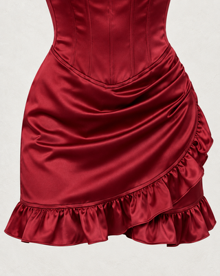 Vespera Burgundy Satin Keyhole Corset Mini Dress with Asymmetric Ruffle Hem