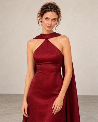 Nuit  Burgundy Shawl-Collar Bodycon  Maxi Dress