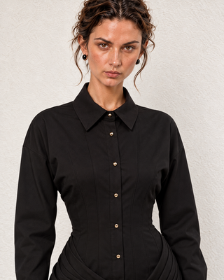 Estelle Black Drapped Shirt Mini  Dress