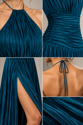 Adriana Teal Plated Maxi Dress