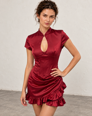 Vespera Burgundy Satin Keyhole Corset Mini Dress with Asymmetric Ruffle Hem