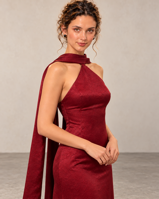Nuit  Burgundy Shawl-Collar Bodycon  Maxi Dress