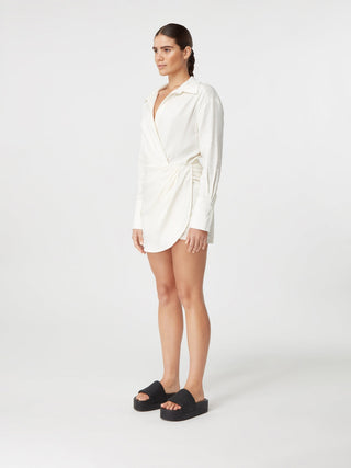 Wrap-Effect Cotton Shirt Dress in Ivory