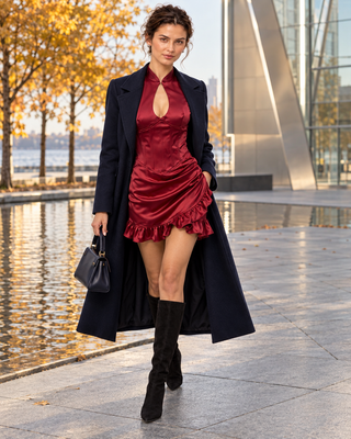 Vespera Burgundy Satin Keyhole Corset Mini Dress with Asymmetric Ruffle Hem