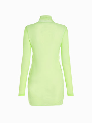 Neon Lime Asimetrik Kıvrımlı Mini Elbise