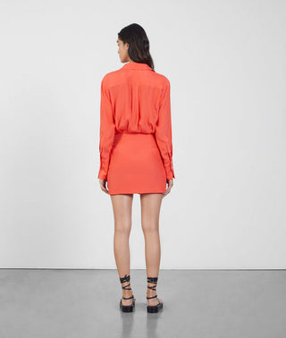 Coral Draped Satin Shirt Dress