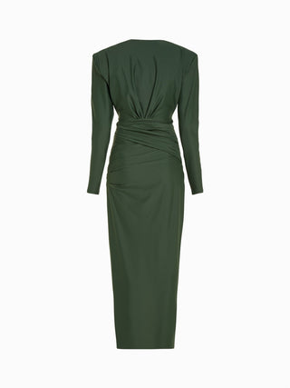 Emerald Elegance: Draped Long Sleeve Midi Dress