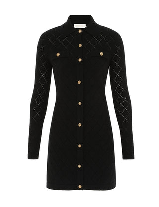 Quilted Black Button-Up Knit Dress