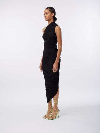 Asymmetrical Black Ruched Midi Dress