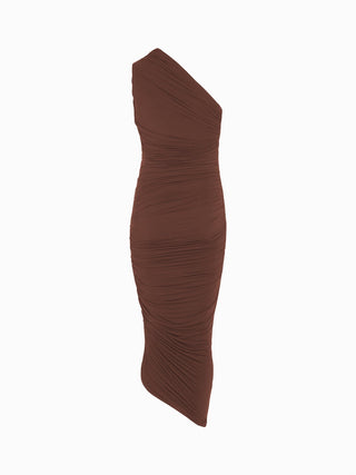 Elegant One-Shoulder Ruched Midi Dress in Rich Brown