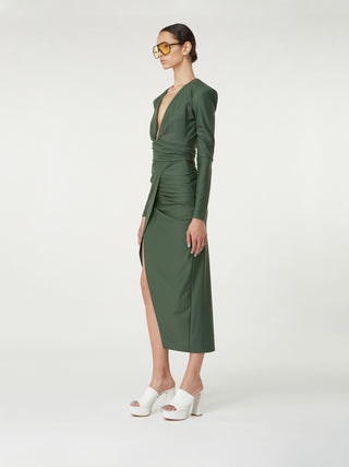 Emerald Elegance: Draped Long Sleeve Midi Dress