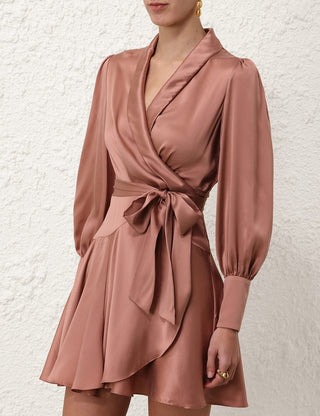 Satin Wrap Mini Dress with Balloon Sleeves