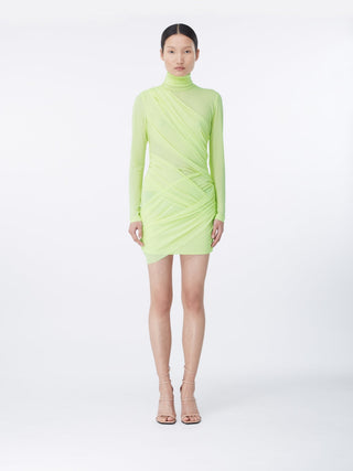 Neon Lime Asymmetric Ruched Mini Dress