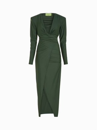 Emerald Elegance: Draped Long Sleeve Midi Dress