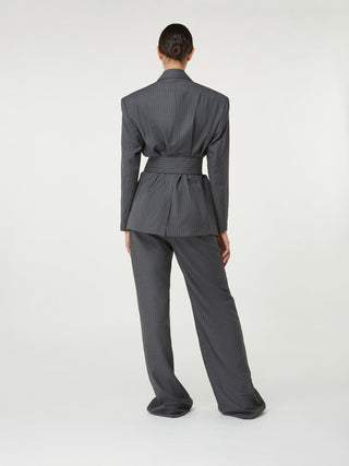 Pinstripe Double-Breasted Belted Blazer