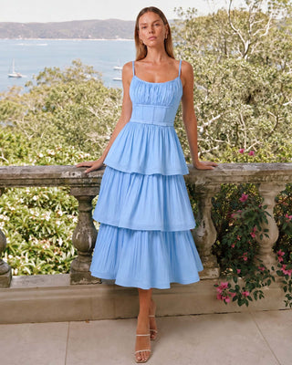 Celina Baby Blue Tiered Midi Dress