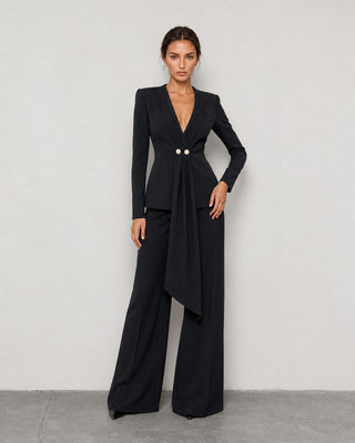 Ginevra Siyah Drapeli Blazer & Pantolon Takım
