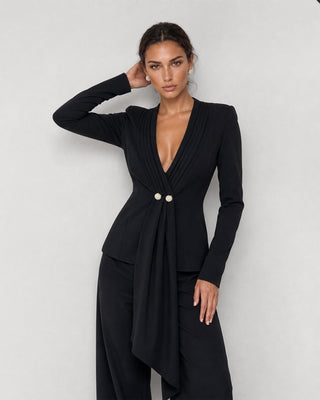 Ginevra Siyah Drapeli Blazer & Pantolon Takım