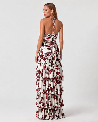 Azzura Bordo Çiçekli Maxi Elbise