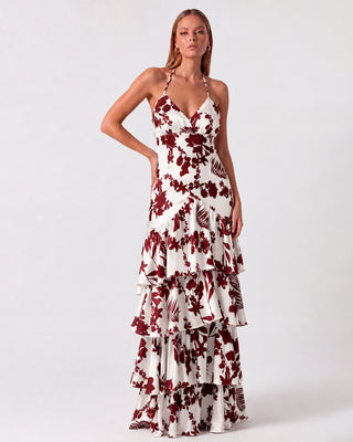 Azzura Bordo Çiçekli Maxi Elbise