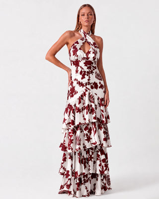 Azzura Bordo Çiçekli Maxi Elbise