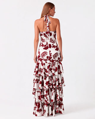 Azzura Bordo Çiçekli Maxi Elbise