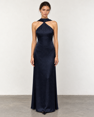 Nuit Navy shawl - Collar Bodycon maxi Dress