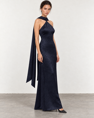 Nuit Navy shawl - Collar Bodycon maxi Dress