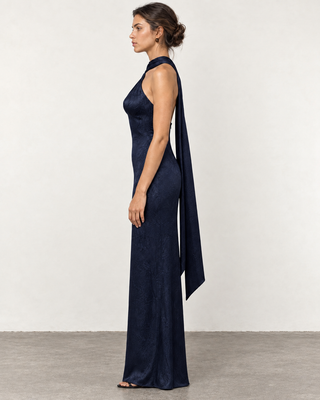 Nuit Navy shawl - Collar Bodycon maxi Dress