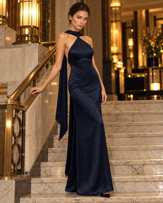 Nuit Navy shawl - Collar Bodycon maxi Dress