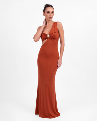 Helia Terracotta Kesik Detaylı Maxi Elbise