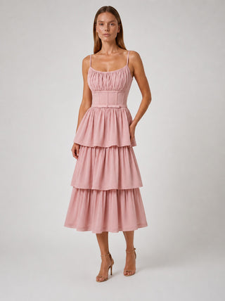 Celina Powder Pink Tiered  Midi Dress