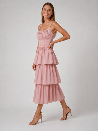 Celina Powder Pink Tiered  Midi Dress