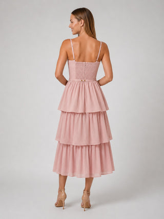 Celina Powder Pink Tiered  Midi Dress