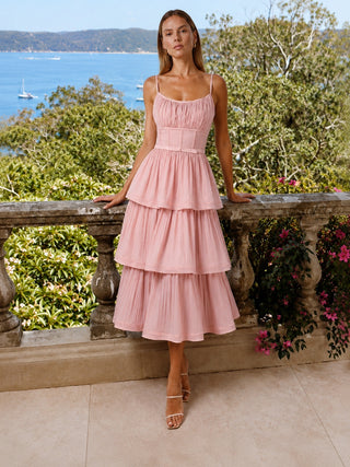 Celina Powder Pink Tiered  Midi Dress