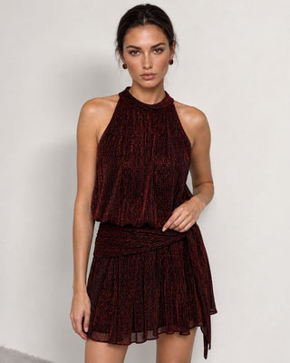 Lavinia Burgundy Embellished Halter Mini Dress