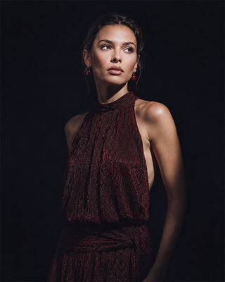 Lavinia Burgundy Embellished Halter Mini Dress