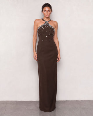 Liora Brown Crystal Embellished Maxi Dress